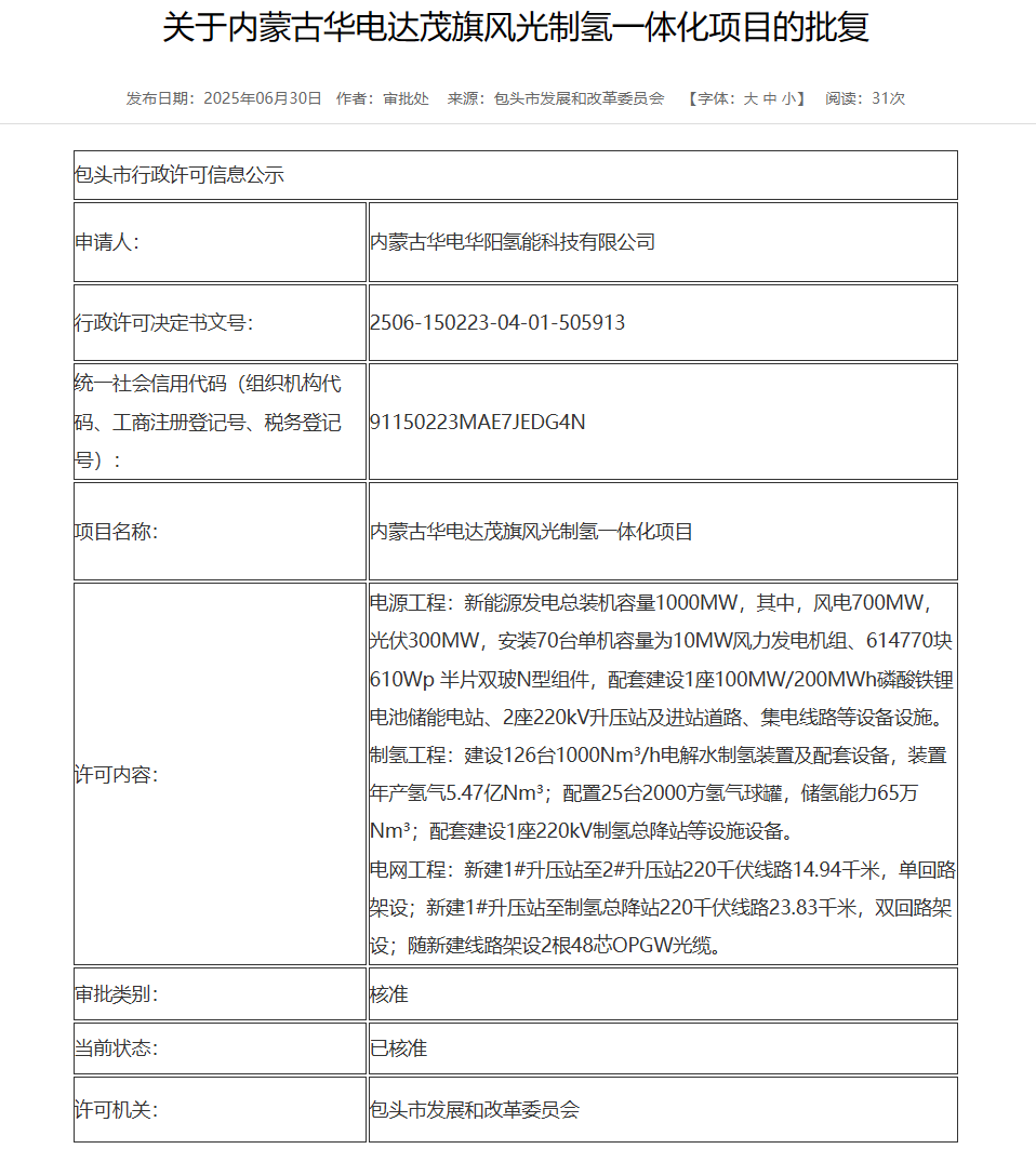70臺10MW！華電風光制氫一體化項目獲批復