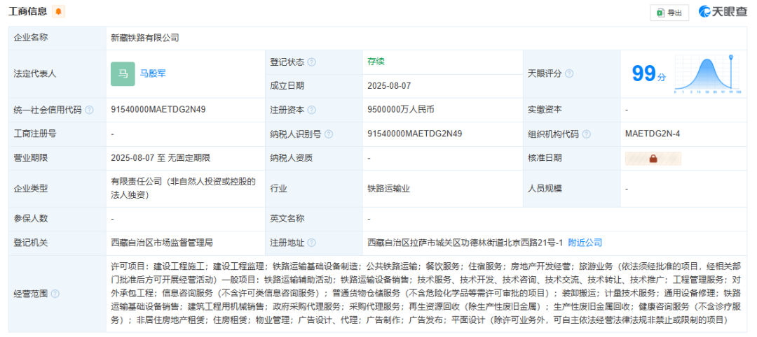 新藏鐵路公司成立，注冊資本950億元